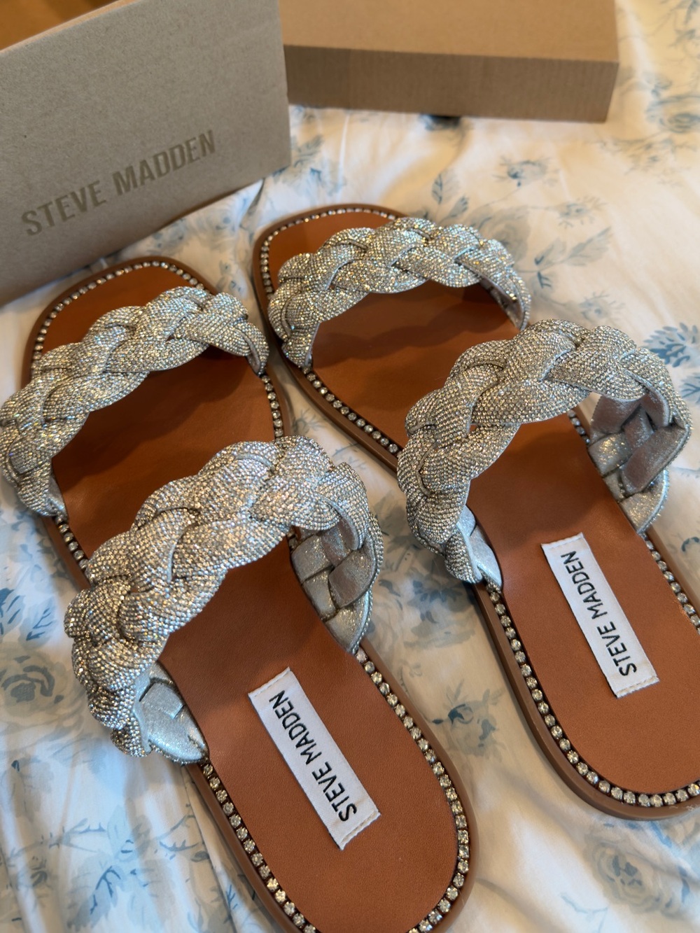 Steve Madden Silver Braided Crystal Slide Sandals